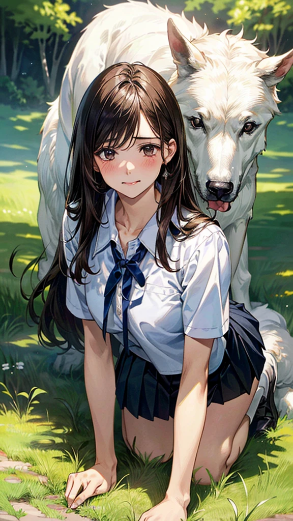 (masterpiece:1.2, top-quality, ultra high res, ultra detailed), (realistic, photorealistic:1.4), beautiful illustration, (natural side lighting, movie lighting),
looking at viewer, (face focus, upper body), 1 girl, japanese, high school dirl, perfect face, (perfect anatomy), cute and symmetrical face, baby face, shiny skin, slender
(long hair:1.5, straight hair:1.2, sark brown hair), parted bangs, grey eyes, long eye lasher, (medium breasts),
beautiful hair, beautiful face, beautiful detailed eyes, beautiful clavicle, beautiful body, beautiful chest, beautiful thigh, beautiful legs,
((detailed cloth texture, short sleeve white collared shirts, navy blue pleated mini skirt, red neck ribbon), , ,
(beautiful scenery), A girl is on all fours in a grassy field. A large dog is hugging her back.
Her face is bright red, her brow is furrowed, her mouth is open, and she looks delighted. Her large breasts and nipples are standing out, even through her shirt. The skirt is shorter than normal, but even shorter. The girl has brown hair.
(Very short skirt).