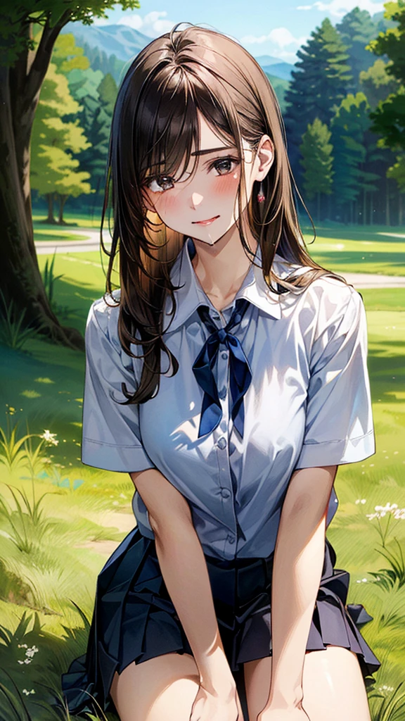 (masterpiece:1.2, top-quality, ultra high res, ultra detailed), (realistic, photorealistic:1.4), beautiful illustration, (natural side lighting, movie lighting), 
looking at viewer, (face focus, upper body), 1 girl, japanese, high school dirl, perfect face, (perfect anatomy), cute and symmetrical face, , shiny skin, slender
(long hair:1.5, straight hair:1.2, sark brown hair), parted bangs, grey eyes, long eye lasher, (medium breasts), 
beautiful hair, beautiful face, beautiful detailed eyes, beautiful clavicle, beautiful body, beautiful chest, beautiful thigh, beautiful legs, 
((detailed cloth texture, short sleeve white collared shirts, navy blue pleated mini skirt, red neck ribbon), , , 
(beautiful scenery), hands on chest, (lovely smile, upper eyes), 

She is wearing a very short skirt.In a grassy field, a girl is on all fours, and a large dog is clinging to her back from behind, holding on tightly to her lower body.
Her face was bright red, her mouth was open, and she looked like she was about to cry.
She is wearing a very short skirt.