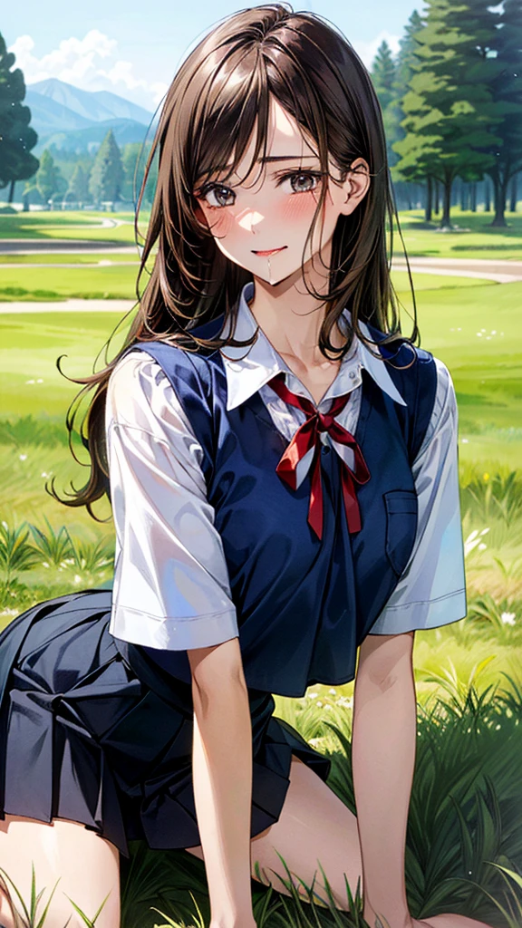 (masterpiece:1.2, top-quality, ultra high res, ultra detailed), (realistic, photorealistic:1.4), beautiful illustration, (natural side lighting, movie lighting),
looking at viewer, (face focus, upper body), 1 girl, japanese, high school dirl, perfect face, (perfect anatomy), cute and symmetrical face, baby face, shiny skin, slender
(long hair:1.5, straight hair:1.2, sark brown hair), parted bangs, grey eyes, long eye lasher, (medium breasts),
beautiful hair, beautiful face, beautiful detailed eyes, beautiful clavicle, beautiful body, beautiful chest, beautiful thigh, beautiful legs,
((detailed cloth texture, short sleeve white collared shirts, navy blue pleated mini skirt, red neck ribbon), , ,
(beautiful scenery), hands on chest, (lovely smile, upper eyes),
She is wearing a very short skirt.In a grassy field, a girl is on all fours, and a large dog is clinging to her back from behind, holding on tightly to her lower body.
Her face was bright red, her mouth was open, and she looked like she was about to cry.
She is wearing a very short skirt.