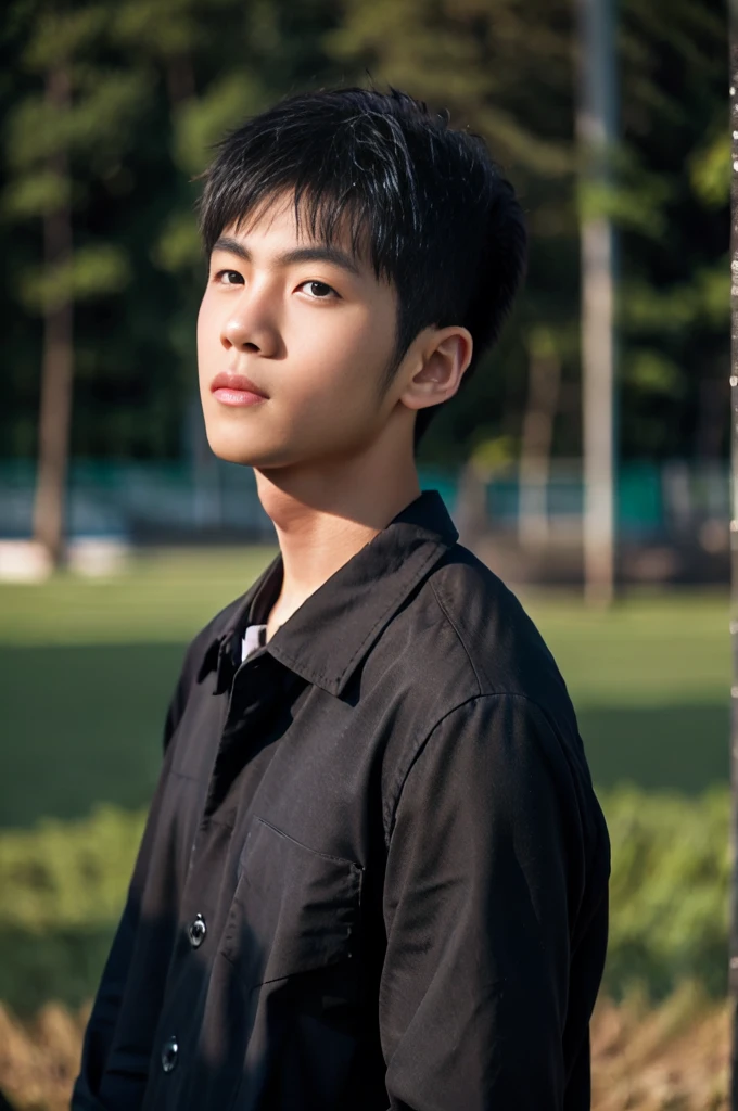 young asian man looking at camera In a black button-down shirt , Fieldside, beach, sunlight, looking at the football field