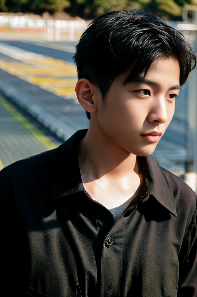 young asian man looking at camera In a black button-down shirt , Fieldside, beach, sunlight, looking at the football field