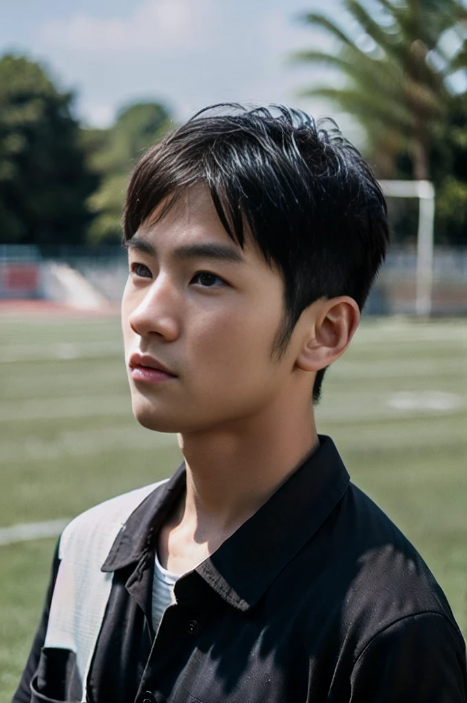 young asian man looking at camera In a black button-down shirt , Fieldside, beach, sunlight, looking at the football field