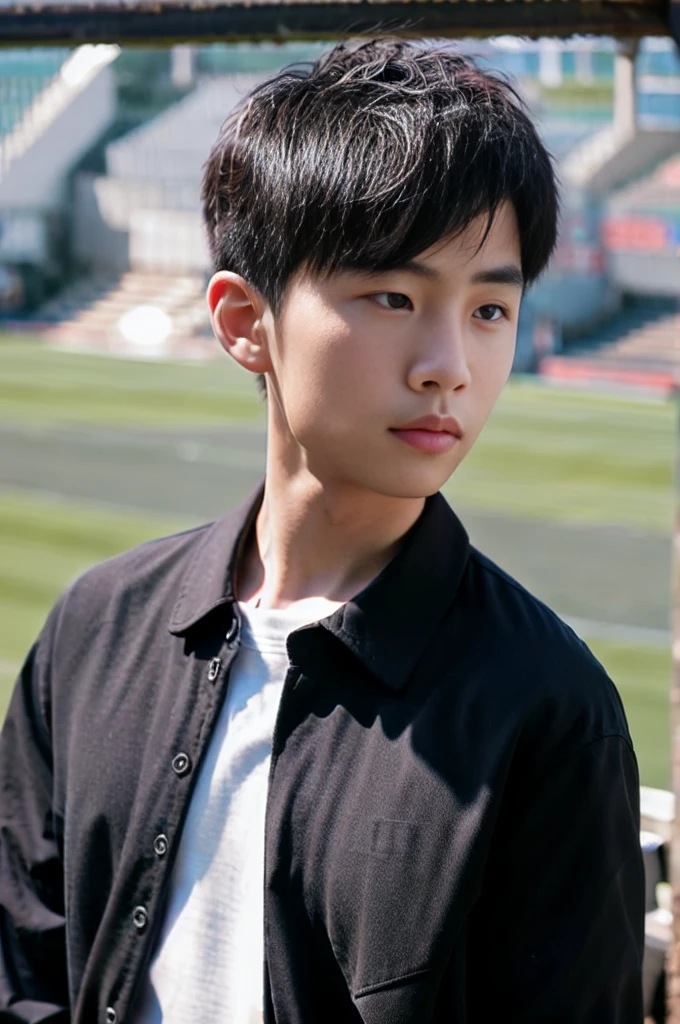 young asian man looking at camera In a black button-down shirt , Fieldside, beach, sunlight, looking at the football field