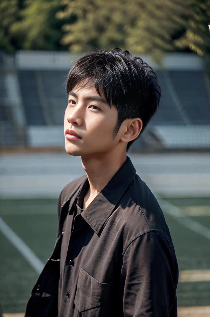 young asian man looking at camera In a black button-down shirt , Fieldside, beach, sunlight, looking at the football field