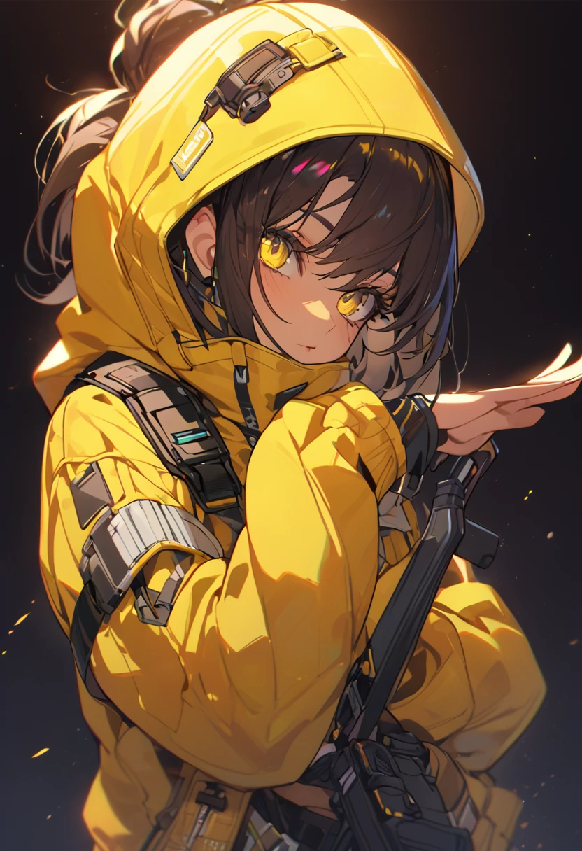 Techwear, girl, close up, dark background ,solarpunk , awesome costume , yellow jacket , randome pose