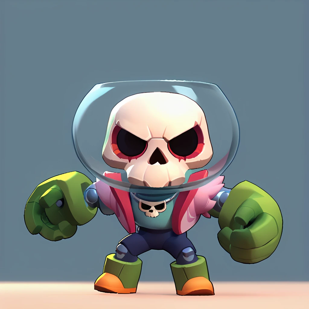 full body view of a cyborg, having muscular green arms, a white skull of a living human, a glass bubble around the human skull, its body is cylindrical, brawl, brawl stars