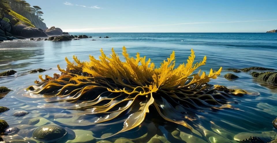 Create a close-up image of Bladder Wrack seaweed kelp floating in the water along a rugged coastline. The scene should show the intricate details of the seaweed's long, yellow fronds and its distinctive, bulbous air bladders. The water should be clear, allowing the textures and colors of the Bladder Wrack to be seen clearly. The fronds should be floating gracefully in the shallow, sunlit water, with the rocky shoreline visible in the background. Highlight the ethereal, almost otherworldly appearance of the seaweed as it glistens and sways gently in the current. The atmosphere should convey the serene and mystical beauty of the coastal environment, with the play of light and shadow on the water and the seaweed.