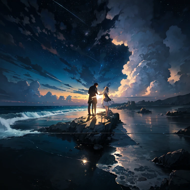 masterpiece, Dark night sea、cliff、Suicide spot, Tojinbo、Bright starry sky. Romantic Photography, Pixiv, Concept Art, Lofi Art style, reflection. by Makoto Shinkai, Lofi Art, Beautiful anime scene, Anime scenery, Detailed Landscape — Width 672, in Makoto Shinkai's Style, Makoto Shinkai's Style, Enhanced Details.
