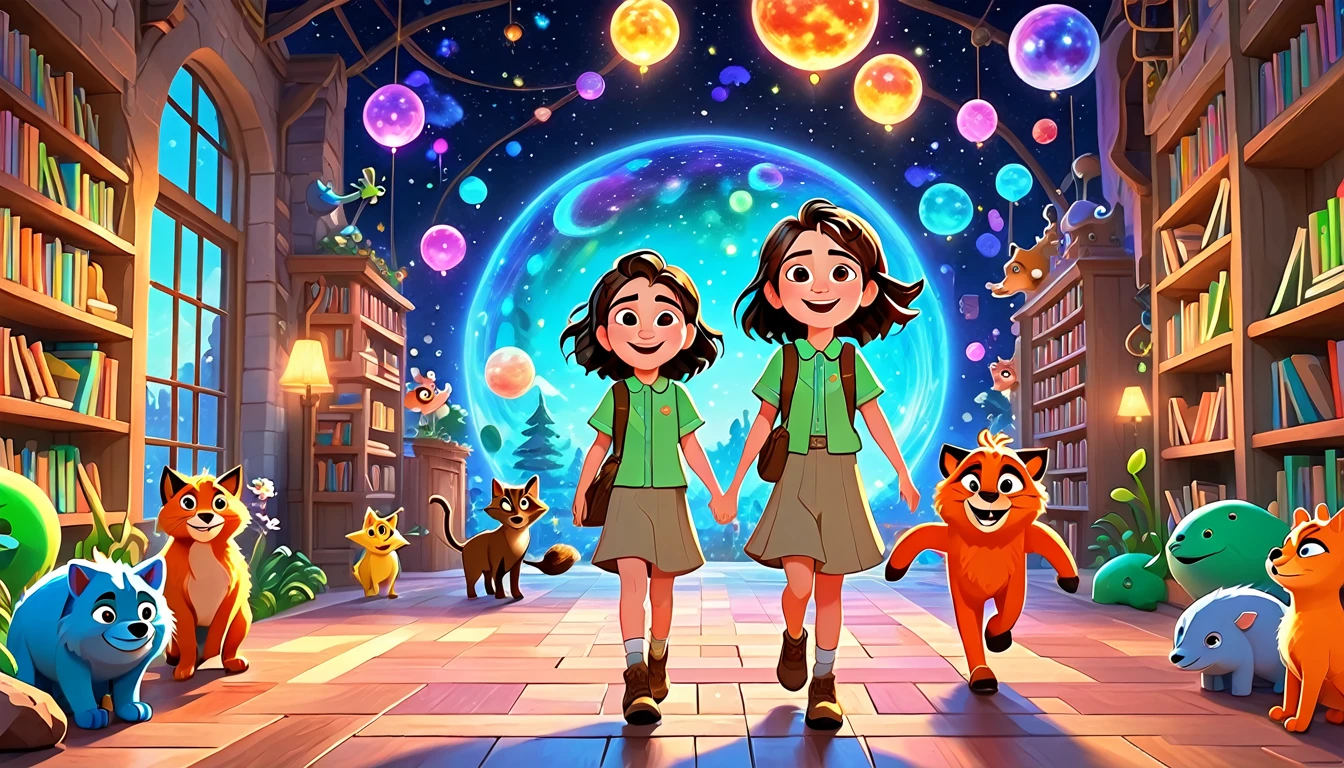 A colorful, animated scene in a 3-D Pixar style featuring a cheerful Black  named Arya, welcoming viewers to her happy place. Arya is standing in a vibrant, fun-filled space with bright colors, playful animals, smiling children, and various learning elements like books, shapes, and nature around her. The atmosphere is joyful and inviting, with big smiles and an overall sense of excitement and happiness.