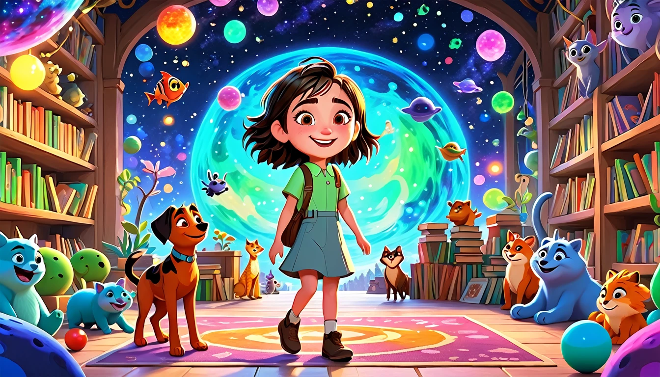 A colorful, animated scene in a 3-D Pixar style featuring a cheerful Black  named Arya, welcoming viewers to her happy place. Arya is standing in a vibrant, fun-filled space with bright colors, playful animals, smiling children, and various learning elements like books, shapes, and nature around her. The atmosphere is joyful and inviting, with big smiles and an overall sense of excitement and happiness.