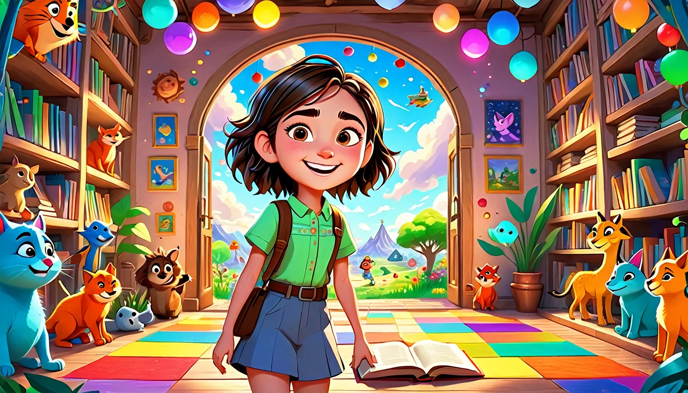 A colorful, animated scene in a 3-D Pixar style featuring a cheerful Black  named Arya, welcoming viewers to her happy place. Arya is standing in a vibrant, fun-filled space with bright colors, playful animals, smiling children, and various learning elements like books, shapes, and nature around her. The atmosphere is joyful and inviting, with big smiles and an overall sense of excitement and happiness.
