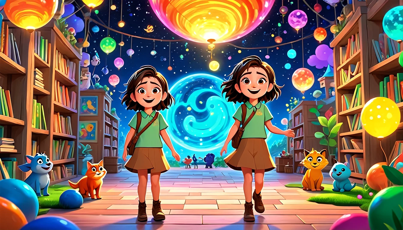 A colorful, animated scene in a 3-D Pixar style featuring a cheerful Black named Arya, welcoming viewers to her happy place. Arya is standing in a vibrant, fun-filled space with bright colors, playful animals, smiling children, and various learning elements like books, shapes, and nature around her. The atmosphere is joyful and inviting, with big smiles and an overall sense of excitement and happiness.