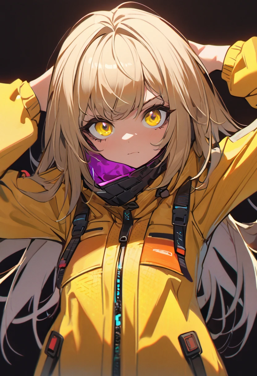 Techwear, girl, close up, dark background ,solarpunk , awesome costume , yellow jacket , randome pose