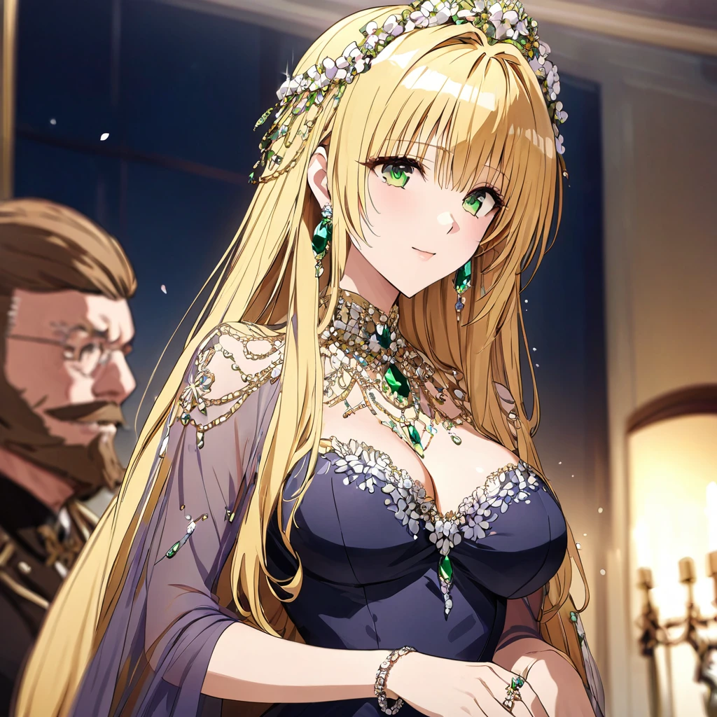 ((Highest quality)), ((masterpiece)), (detailed), （Perfect Face）、The woman is Tiare, has green eyes, medium-long blonde hair, and is wearing an engagement ring.、The woman is wearing a gorgeous, glittering, see-through Victorian dress, a gorgeous see-through cape and a sequin veil, a gorgeous jeweled head dress chain, gorgeous jeweled earrings, and other gorgeous, glittering accessories, and is in a luxurious room with a dignified, bearded, elderly man.、The man is a dignified, bearded old man, very wealthy and wearing an engagement ring.