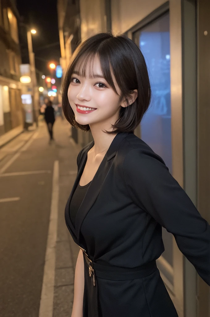 Selfie、Jacket、Light clothing、Laughing、Standing、night、Alley、Very short hair、short、ベリーshortカット、Highest quality, figure, Super detailed, In detail, High resolution, 8k wallpaper, Perfect dynamic composition, Beautiful attention to detail, dress,Medium Hair, Small breasts、Natural color lip, Random sexy poses,smile,24-years-old