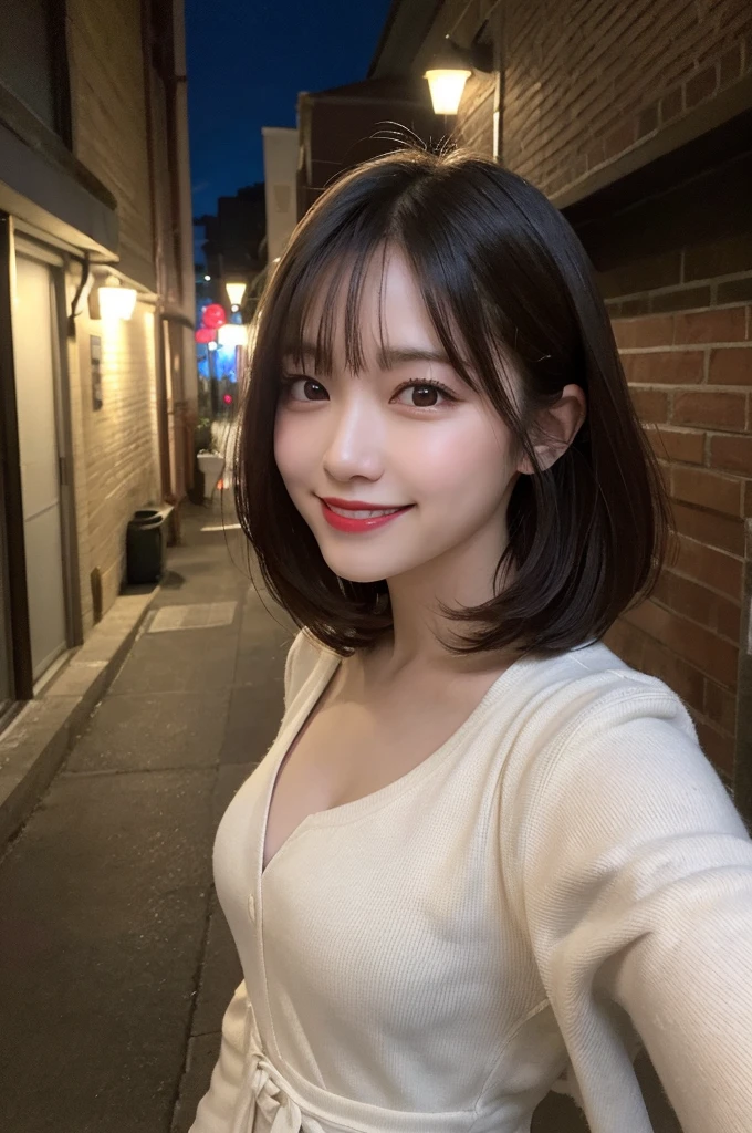 Selfie、Jacket、Light clothing、Laughing、Standing、night、Alley、Very short hair、short、ベリーshortカット、Highest quality, figure, Super detailed, In detail, High resolution, 8k wallpaper, Perfect dynamic composition, Beautiful attention to detail, dress,Medium Hair, Small breasts、Natural color lip, Random sexy poses,smile,24-years-old