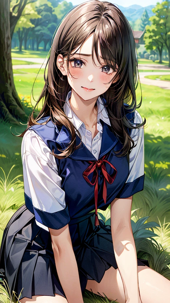 (masterpiece:1.2, top-quality, ultra high res, ultra detailed), (realistic, photorealistic:1.4), beautiful illustration, (natural side lighting, movie lighting),
looking at viewer, (face focus, upper body), 1 girl, japanese, high school dirl, perfect face, (perfect anatomy), cute and symmetrical face, baby face, shiny skin, slender
(long hair:1.5, straight hair:1.2, sark brown hair), parted bangs, grey eyes, long eye lasher, (medium breasts),
beautiful hair, beautiful face, beautiful detailed eyes, beautiful clavicle, beautiful body, beautiful chest, beautiful thigh, beautiful legs,
((detailed cloth texture, short sleeve white collared shirts, navy blue pleated mini skirt, red neck ribbon), , ,
(beautiful scenery), hands on chest, (lovely smile, upper eyes),
She is wearing a very short skirt.In a grassy field, a girl is on all fours, and a large dog is clinging to her back from behind, holding on tightly to her lower body.
Her face was bright red, her mouth was open, and she looked like she was about to cry.
She is wearing a very short skirt.