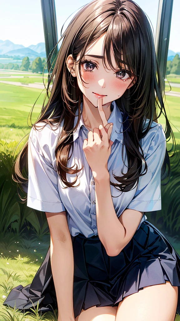 (masterpiece:1.2, top-quality, ultra high res, ultra detailed), (realistic, photorealistic:1.4), beautiful illustration, (natural side lighting, movie lighting),
looking at viewer, (face focus, upper body), 1 girl, japanese, high school dirl, perfect face, (perfect anatomy), cute and symmetrical face, , shiny skin, slender
(long hair:1.5, straight hair:1.2, sark brown hair), parted bangs, grey eyes, long eye lasher, (medium breasts),
beautiful hair, beautiful face, beautiful detailed eyes, beautiful clavicle, beautiful body, beautiful chest, beautiful thigh, beautiful legs,
((detailed cloth texture, short sleeve white collared shirts, navy blue pleated mini skirt, red neck ribbon), , ,
(beautiful scenery), hands on chest, (lovely smile, upper eyes),
She is wearing a very short skirt.In a grassy field, a girl is on all fours, and a large dog is clinging to her back from behind, holding on tightly to her lower body.
Her face was bright red, her mouth was open, and she looked like she was about to cry.
She is wearing a very short skirt.