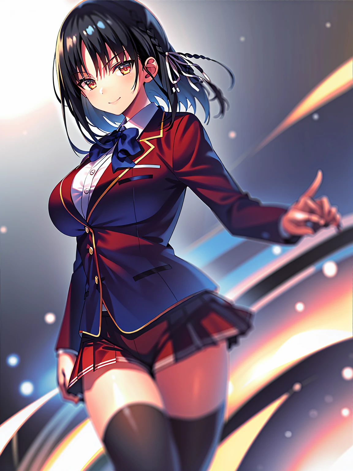 (8K, Highest quality, Highest quality, masterpiece), standing, 1girl, solo, cowboy shot, aasuzune, short hair, black hair, (single braid:1.2), hair ribbon, red jacket, blazer, blue bowtie, crop top, black thighhighs, smile, denim short shorts, mini shorts, big breasts, cleavage