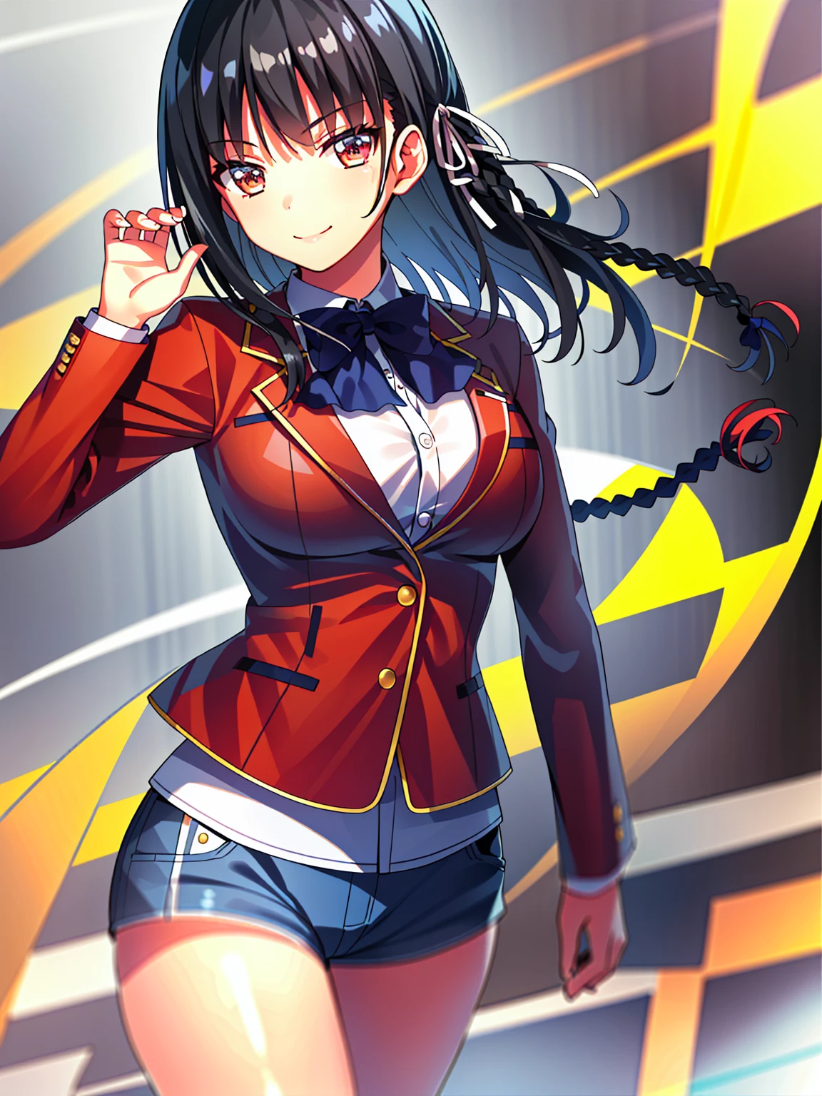 (8K, Highest quality, Highest quality, masterpiece), standing, 1girl, solo, cowboy shot, aasuzune, short hair, black hair, (single braid:1.2), hair ribbon, red jacket, blazer, blue bowtie, crop top, black thighhighs, smile, denim short shorts, mini shorts, big breasts, cleavage