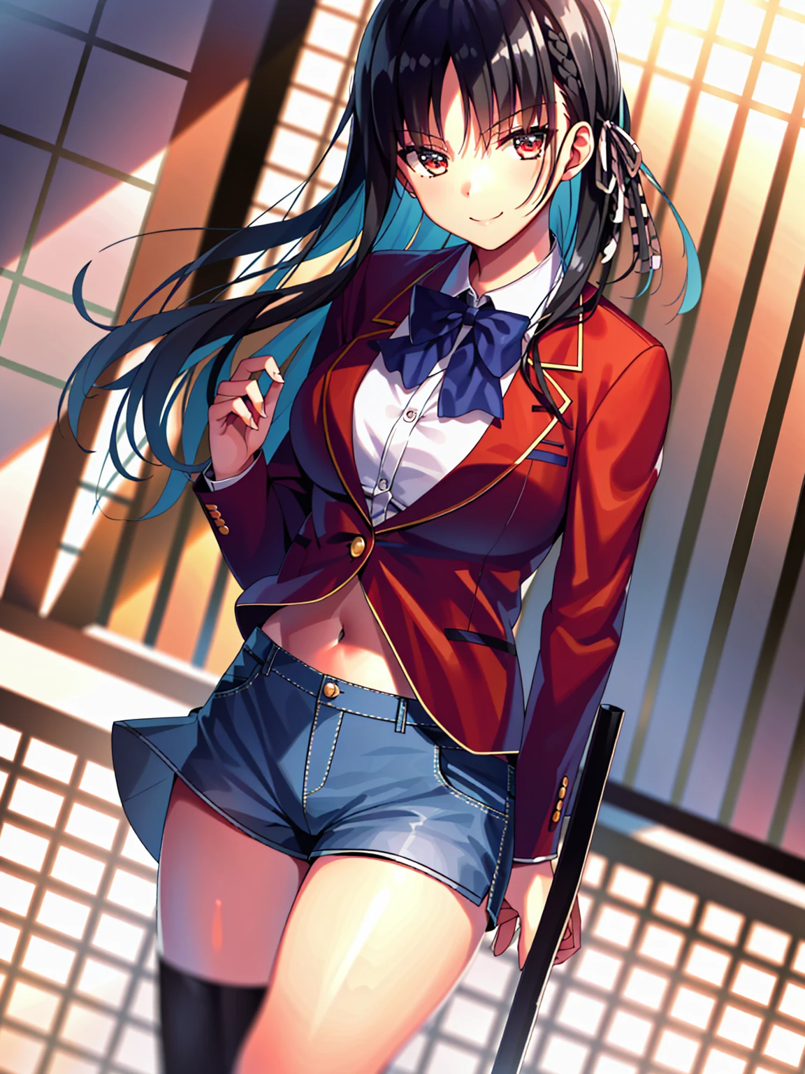 (8K, Highest quality, Highest quality, masterpiece), standing, 1girl, solo, cowboy shot, aasuzune, short hair, black hair, (single braid:1.2), hair ribbon, red jacket, blazer, blue bowtie, crop top, black thighhighs, smile, denim short shorts, mini shorts, big breasts, cleavage