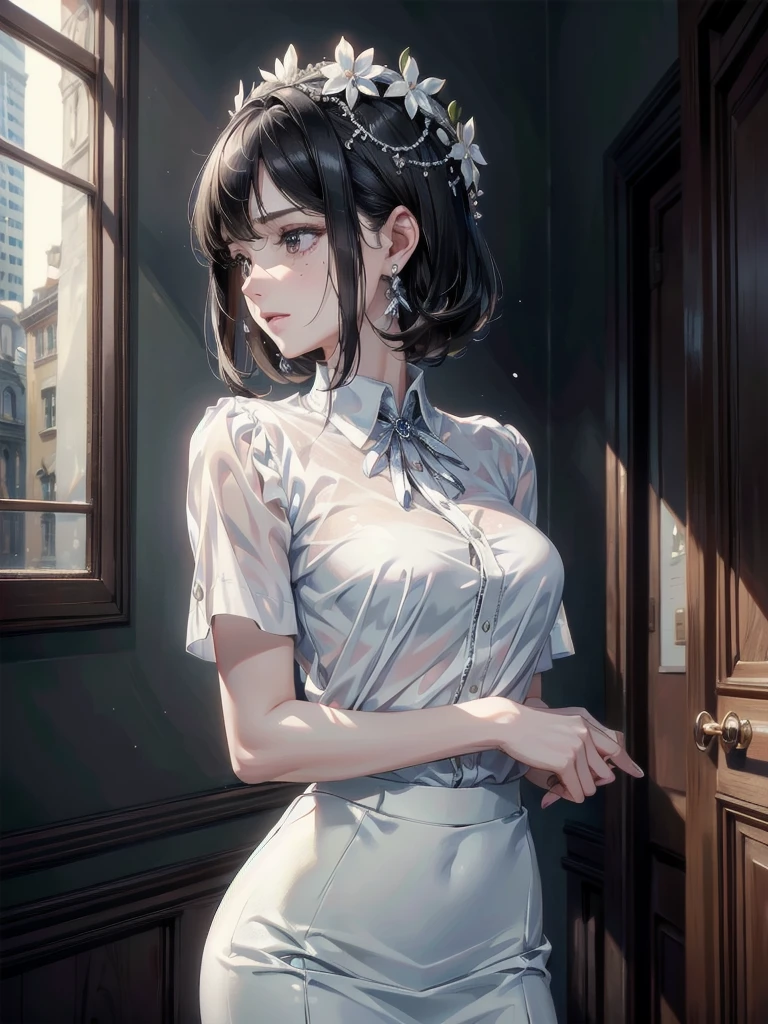 absurdres, RAW photo, extremely delicate and beautiful, masterpiece, Best Quality, ultra high resolution, 32k, hyperrealistic, ultra-detailed, delicate facial features, beautiful detailed woman, tearful mole, earring, medium breasts, full body shot, medium hair, black hair, white collared shirt, pencil skirt, 