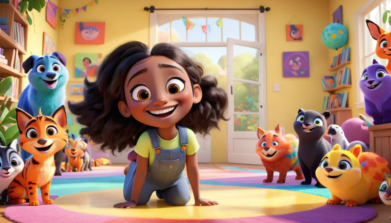 A colorful, animated scene in a 3-D Pixar style featuring a cheerful Black  named Arya, welcoming viewers to her happy place. Arya is standing in a vibrant, fun-filled space with bright colors, playful animals, smiling children, and various learning elements like books, shapes, and nature around her. The atmosphere is joyful and inviting, with big smiles and an overall sense of excitement and happiness.