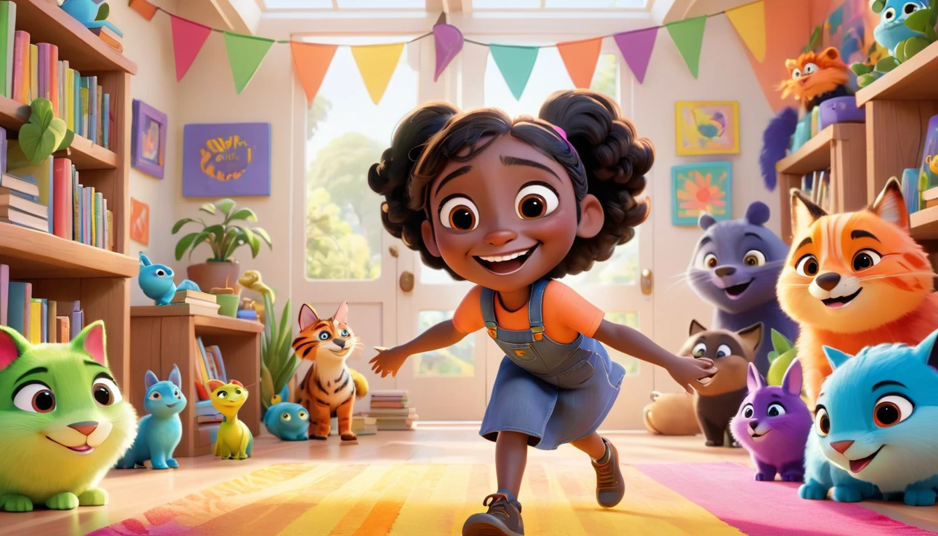 A colorful, animated scene in a 3-D Pixar style featuring a cheerful Black  named Arya, welcoming viewers to her happy place. Arya is standing in a vibrant, fun-filled space with bright colors, playful animals, smiling children, and various learning elements like books, shapes, and nature around her. The atmosphere is joyful and inviting, with big smiles and an overall sense of excitement and happiness.