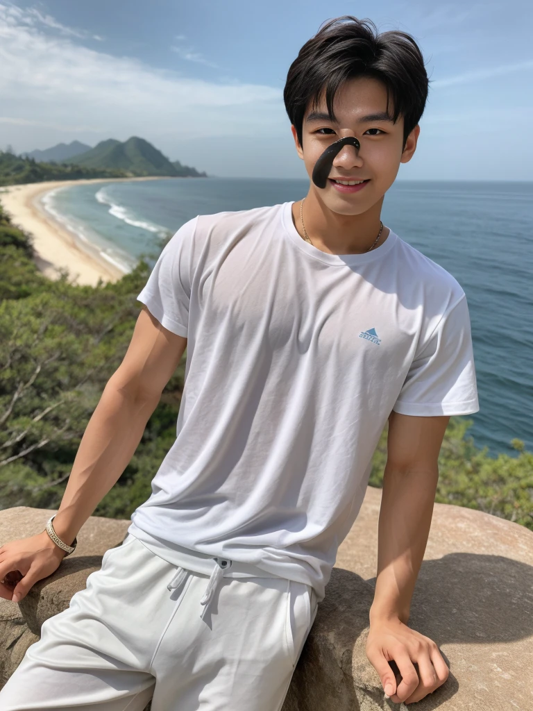 独奏: 1.5, (As a matter of fact, Masterpiece, 8k HD, good light quality, sportswear, fit the face, complicated details), A handsome Korean young man with muscular arms. , 20 years old, be happy, smile brightly, detailed face, delicate eyes, look at the sky, Wear a tight white t-shirt.:1.6, Long pants, period, black eyes, Black hair color, ผมsmooth, smooth, outdoor sports, By the sea, nighttime，Surreal，Awesome details，Highest quality，real，Open your mouth to talk. , Close your eyes., By the sea ชายหาด แสงแดด วิ่งเข้าหากล้อง