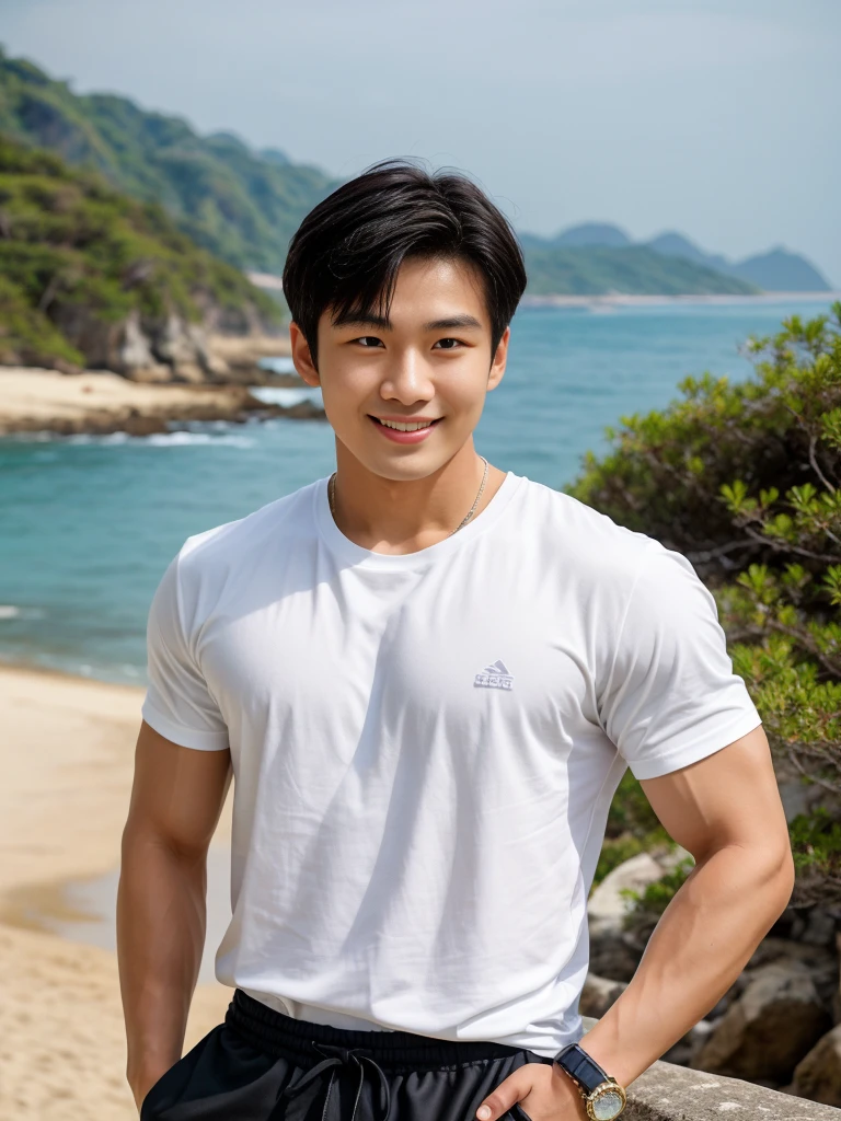 (Create a masterpiece: 1.2),(CGI art:1.3),(realistic:1.5),(After processing:1.3), (Sharp focus:1.3), 1 man, open mouth, smile, (Navy blue round neck shirt), Navy cargo pants, Korean guy , korean men, (High gloss details), chest muscles, large arm muscles, blood vessel, Big muscles, Broad shoulders, looking at the audience, Balancing the eyes, Seaside, beach, sunlight, running towards the camera