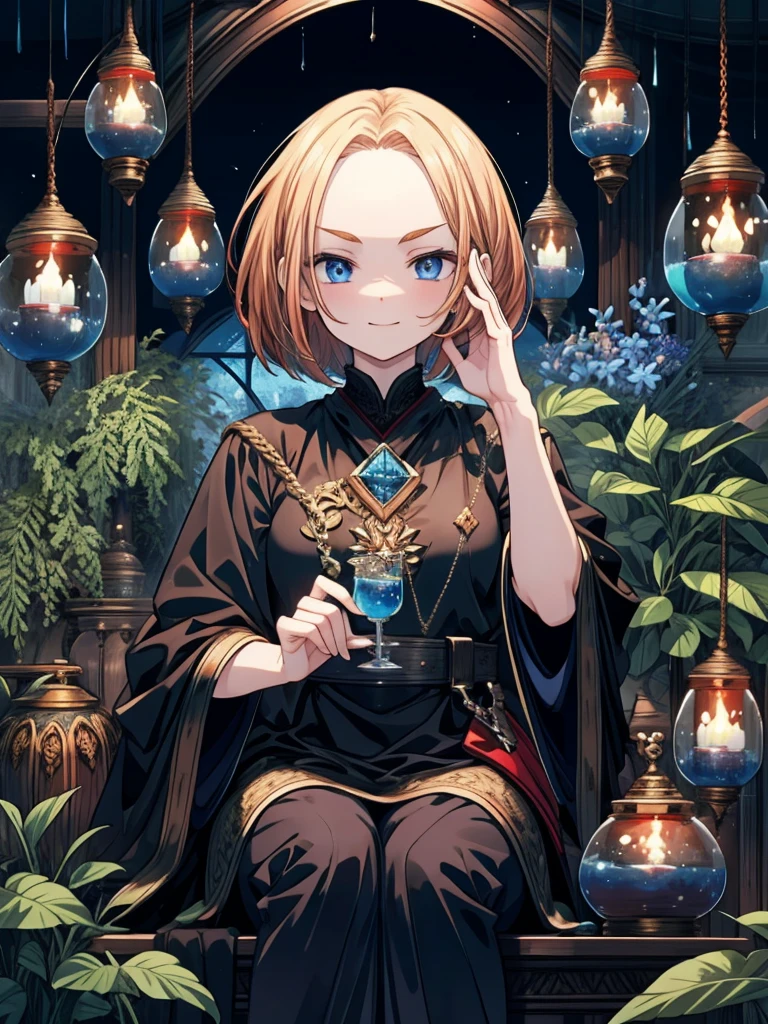 (masterpiece),(top-quality),(ultra-detailed),(high resolution),(in 8K animation),(beautifull detailed face),(beatiful detailed eyes),(anatomically correct),(Keep your head small),1girl,(forehead:1.2),bob cut,copper hair,blue eyes,half-closed eyes,round eyes,smirk,evil smile,(v-shaped eyebrows),black robe,Stir the magic potion in a large pot,Night scene