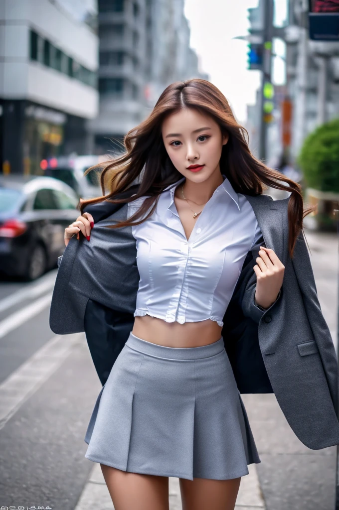a 19 year old girl, she is the most beautiful actress in the world, the perfect body proportions of this girl, her upper body within the formal shirt are clothed by the blazer that's closed to hide her navel area, her crotch area of the panties are hardly hidden by the short skirt, her bare legs, it's just front of her body in this photo, there are just no space of this photo above her head and below her shins, she is standing straight at the street, nsfw, best quality, highly detailed, masterpiece, ultra high res, photo realistic, 8k, RAW photo