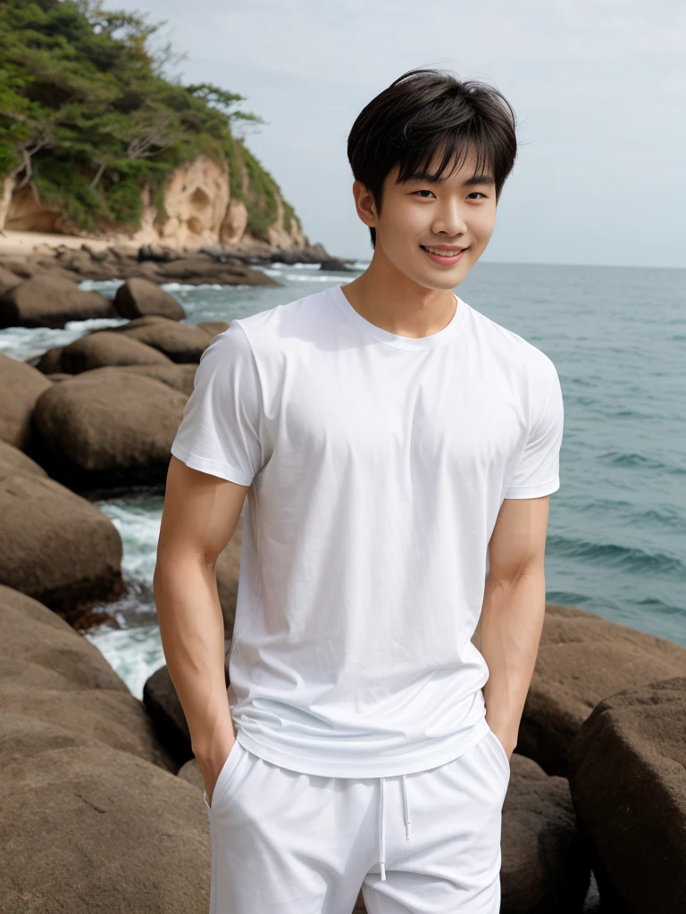 独奏: 1.5, (As a matter of fact, Masterpiece, 8k HD, good light quality, sportswear, fit the face, complicated details), A handsome Korean young man with muscular arms. , 20 years old, be happy, smile brightly, detailed face, delicate eyes, look at the sky, Wear a tight white t-shirt.:1.6, Long pants, period, black eyes, Black hair color, ผมsmooth, smooth, outdoor sports, By the sea, nighttime,Surreal,Awesome details,Highest quality,real,Open your mouth to talk. , Close your eyes., By the sea ชายหาด แสงแดด วิ่งเข้าหากล้อง