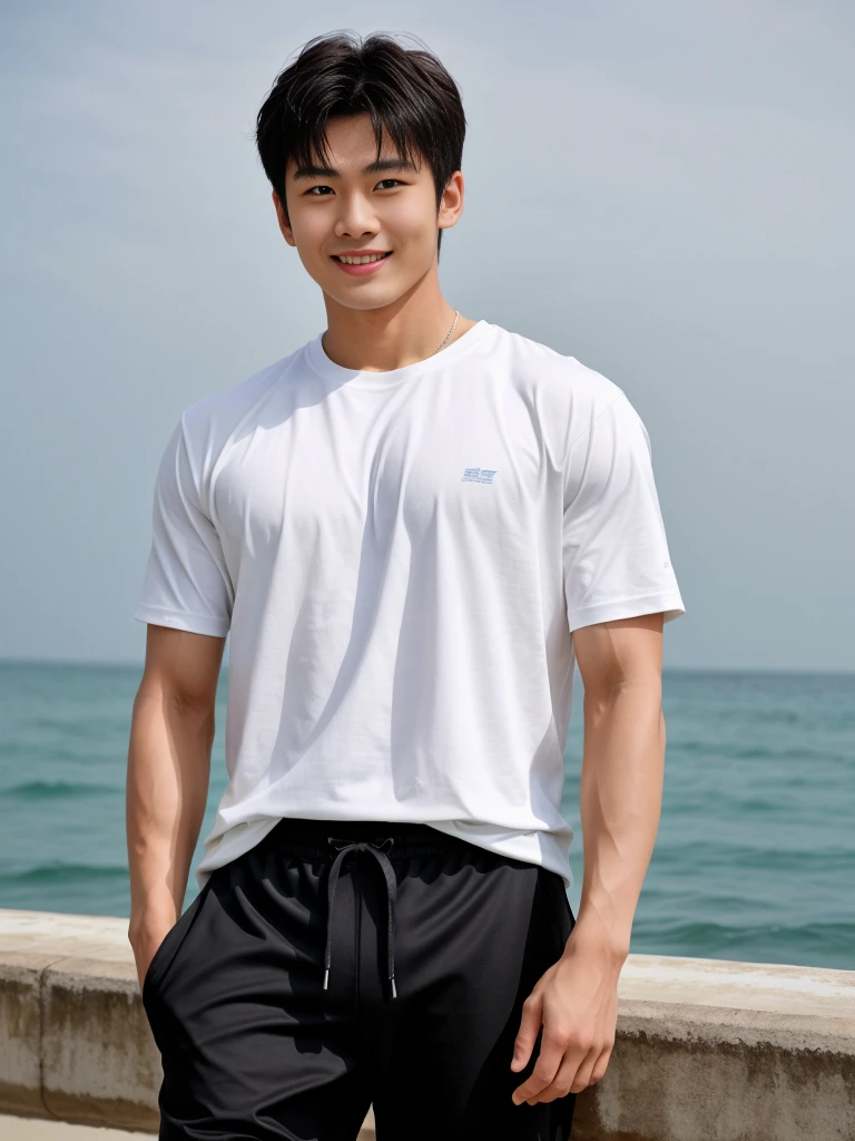 独奏: 1.5, (As a matter of fact, Masterpiece, 8k HD, good light quality, sportswear, fit the face, complicated details), A handsome Korean young man with muscular arms. , 20 years old, be happy, smile brightly, detailed face, delicate eyes, look at the sky, Wear a tight white t-shirt.:1.6, Long pants, period, black eyes, Black hair color, ผมsmooth, smooth, outdoor sports, By the sea, nighttime,Surreal,Awesome details,Highest quality,real,Open your mouth to talk. , Close your eyes., By the sea ชายหาด แสงแดด วิ่งเข้าหากล้อง