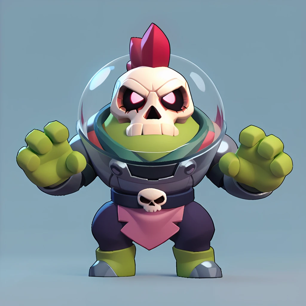 full body view of a cyborg, having muscular green arms, a white skull of a living human, a glass bubble around the human skull, its body is cylindrical, brawl, brawl stars