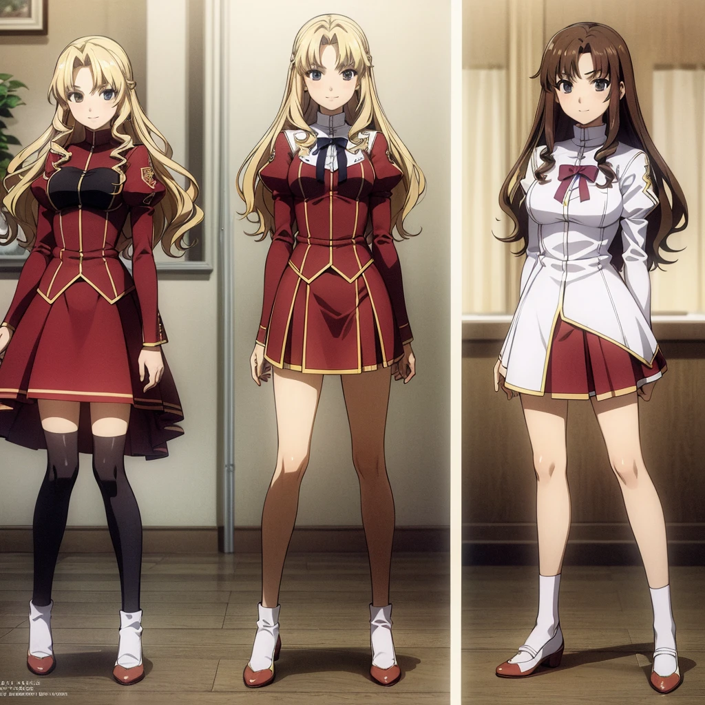 masterpiece, high quality, Multiple girls, organization, Same sisters, Blonde Hair, curls, (brown haired sisters, blonde sisters, many sisters, Match hairstyle, different hair Farbes), Hazel eyes, Medium bust, ((Matching Clothing, Uniforms)), Smile, flat_Farbe, Same height, organization pose, Back to back,full-body shot 