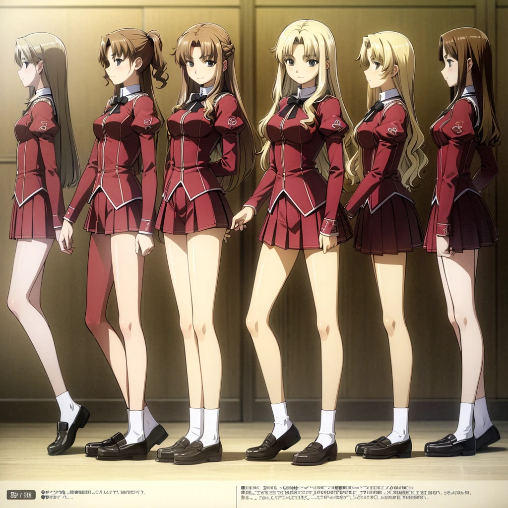 masterpiece, high quality, Multiple girls, organization, Same sisters, Blonde Hair, curls, (brown haired sisters, blonde sisters, many sisters, Match hairstyle, different hair Farbes), Hazel eyes, Medium bust, ((Matching Clothing, Uniforms)), Smile, flat_Farbe, Same height, organization pose, Back to back,full-body shot 