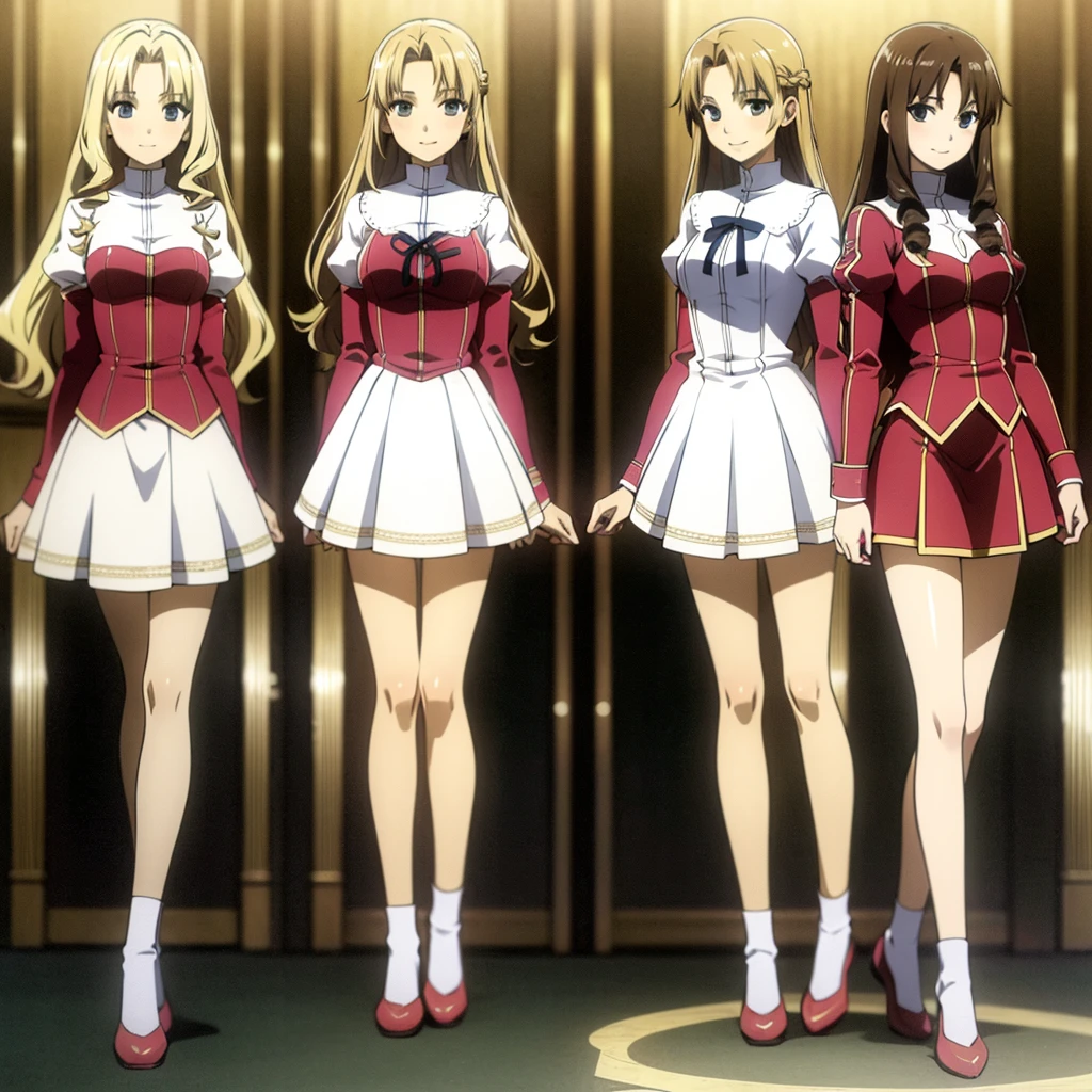 masterpiece, high quality, Multiple girls, organization, Same sisters, Blonde Hair, curls, (brown haired sisters, blonde sisters, many sisters, Match hairstyle, different hair Farbes), Hazel eyes, Medium bust, ((Matching Clothing, Uniforms)), Smile, flat_Farbe, Same height, organization pose, Back to back,full-body shot