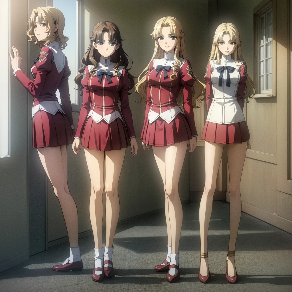 masterpiece, high quality, Multiple girls, organization, Same sisters, Blonde Hair, curls, (brown haired sisters, blonde sisters, many sisters, Match hairstyle, different hair Farbes), Hazel eyes, Medium bust, ((Matching Clothing, Uniforms)), Smile, flat_Farbe, Same height, organization pose, Back to back,full-body shot