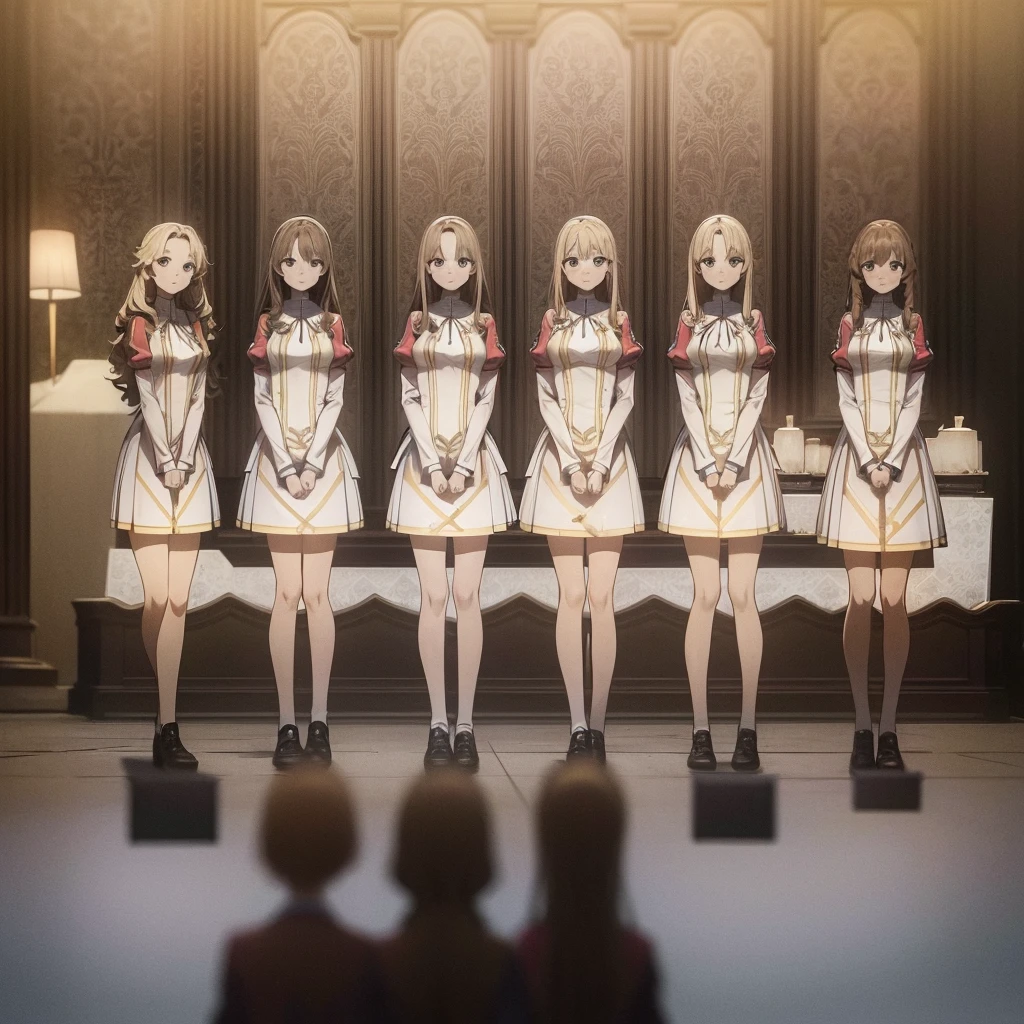 masterpiece, high quality, Multiple girls, organization, Same sisters, Blonde Hair, curls, (brown haired sisters, blonde sisters, many sisters, Match hairstyle, different hair Farbes), Hazel eyes, Medium bust, ((Matching Clothing, Uniforms)), Smile, flat_Farbe, Same height, organization pose, Back to back,full-body shot 