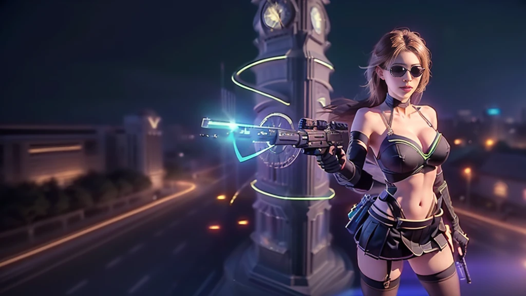 (aerial view). at night, futuristic sci-fi cyberpunk city, broad viaduct, skyscrapers at the end of the viaduct, the movie "13th Floor" style, (((((voltex-spirit-spreading giant clock tower as time machine))))), hq. Matrix style, at night, (1girl, solo), photo realistic, (large-breast:1.2 slim body, cleavage:1.3), (((tube top, extreamly short pleated (((miniskirt)))))), (((((matrix style black sunglasses))))), (((((aiming at camera with a (short:0.8 pistol)))))), (((half-body (thigh level) medium shot))), (cinematic lighting).