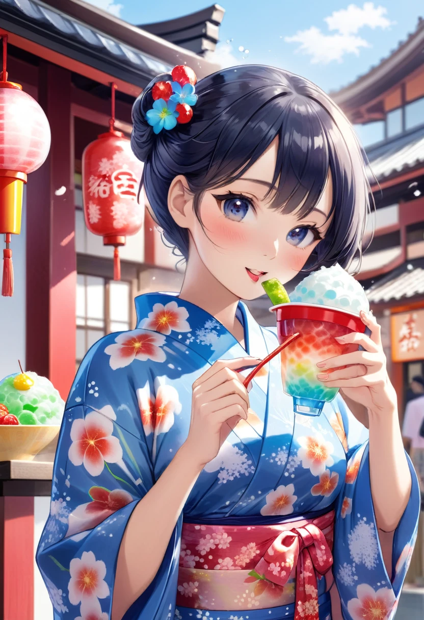 A beautiful woman in a miraculous, transparent yukata eating shaved ice