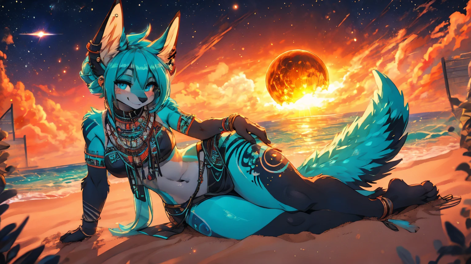 ({{high resolution}})Miku Hatsune, aqua body&white tribal tattoo full body add_details:1, furry, kitsune ears,((piercings)), navel earring, tribal tattoos add_detailsl:1, tribal clothing, beach landscape, eclipse, cropped on her abdomen on the beach legs crossed add_detailsl:1, Flushed face, happy, chica happy. Blue intense eyes, The most beautiful deep blue eyes., magical girl add_detailsl:1,tribal tattoo add_detailsl:1, barefoot add_detailsl:1, sensual pose in the sand add_detailsl:1