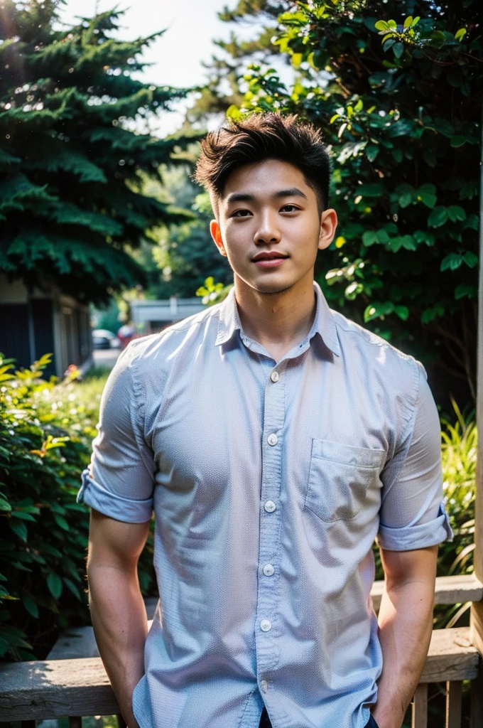 A young Asian man with large muscles looks at the camera. In a white button-down shirt , forest river sunlight looking at the sky