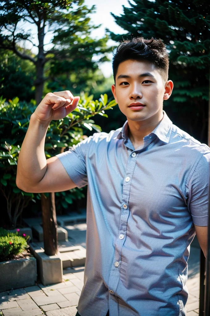 A young Asian man with large muscles looks at the camera. In a white button-down shirt , forest river sunlight looking at the sky