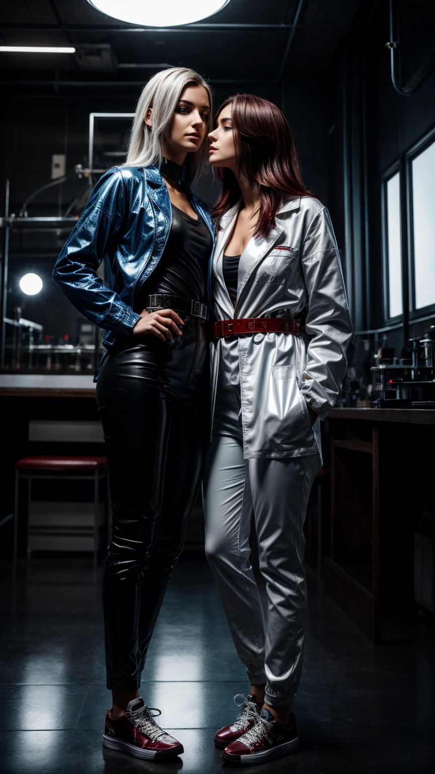Seductive and confident look. Distant image. Labcoat. Long legs. Two Slim teenage european girls. Lesbian kissing. Shiny Red leather trousers, sneakers, blue tshirt. Vintage science laboratory. White hair, sidecut. Piercing. backlit, smirk, belt, backlit, perfect sultry make-up, cinematic, realistic, high contrast, visually rich,piercing eyes, strong eyeliner, mesmerizing eyes, elegant, graceful, natural beauty, charismatic, versatile, photogenic, very detailed