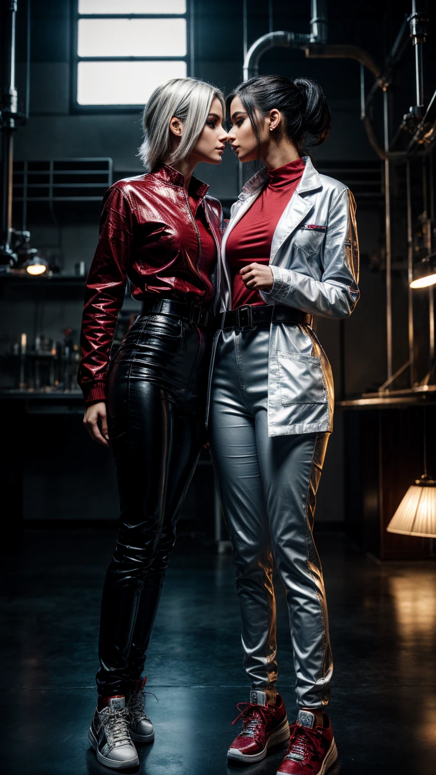Seductive and confident look. Distant image. Labcoat. Long legs. Two Slim teenage european girls. Lesbian kissing. Shiny Red leather trousers, sneakers, blue tshirt. Vintage science laboratory. White hair, sidecut. Piercing. backlit, smirk, belt, backlit, perfect sultry make-up, cinematic, realistic, high contrast, visually rich,piercing eyes, strong eyeliner, mesmerizing eyes, elegant, graceful, natural beauty, charismatic, versatile, photogenic, very detailed