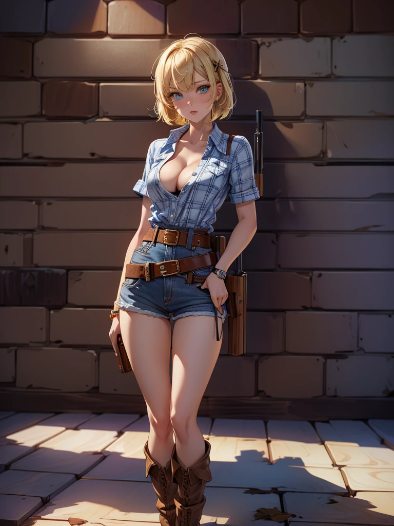 (((Cowgirl Costume))),(((Wear low-waisted denim shorts and short western boots))),(((Wear a western hat))),(((wear a leather belt))),(((He is wearing short sleeves, Plaid, front tie shirt))),(((Wear a gun belt:1.5))),(((Wear a watch on your wrist))),(((Showing cleavage))),(((Bare inner thighs))),(((Bare arms))),(((Her hair is blonde))),Beautiful detailed girl, Very detailed目と顔, 緻密でBeautiful Eyes, Very detailedな, High resolution, Highest quality, masterpiece, Very detailed, 8k wallpaper, wonderful, finely, Highest quality,One girl,(((Basement at night:1.2))),(((Standing in front of a wooden wall:1.5))),Beautiful Eyes,((Crying face:0.5)),((Being drunk)),Open your mouth