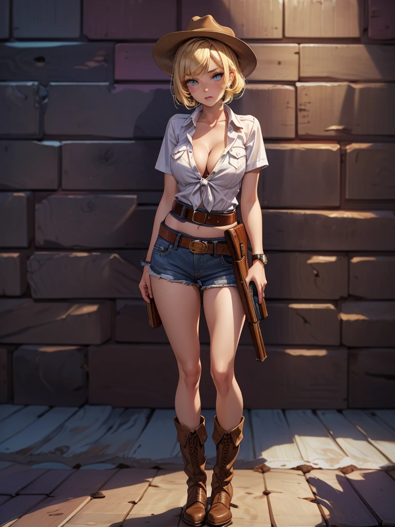 (((Cowgirl Costume))),(((Wear low-waisted denim shorts and short western boots))),(((Wear a western hat))),(((wear a leather belt))),(((He is wearing short sleeves, Plaid, front tie shirt))),(((Wear a gun belt:1.5))),(((Wear a watch on your wrist))),(((Showing cleavage))),(((Bare inner thighs))),(((Bare arms))),(((Her hair is blonde))),Beautiful detailed girl, Very detailed目と顔, 緻密でBeautiful Eyes, Very detailedな, High resolution, Highest quality, masterpiece, Very detailed, 8k wallpaper, wonderful, finely, Highest quality,One girl,(((Basement at night:1.2))),(((Standing in front of a wooden wall:1.5))),Beautiful Eyes,((Crying face:0.5)),((Being drunk)),Open your mouth