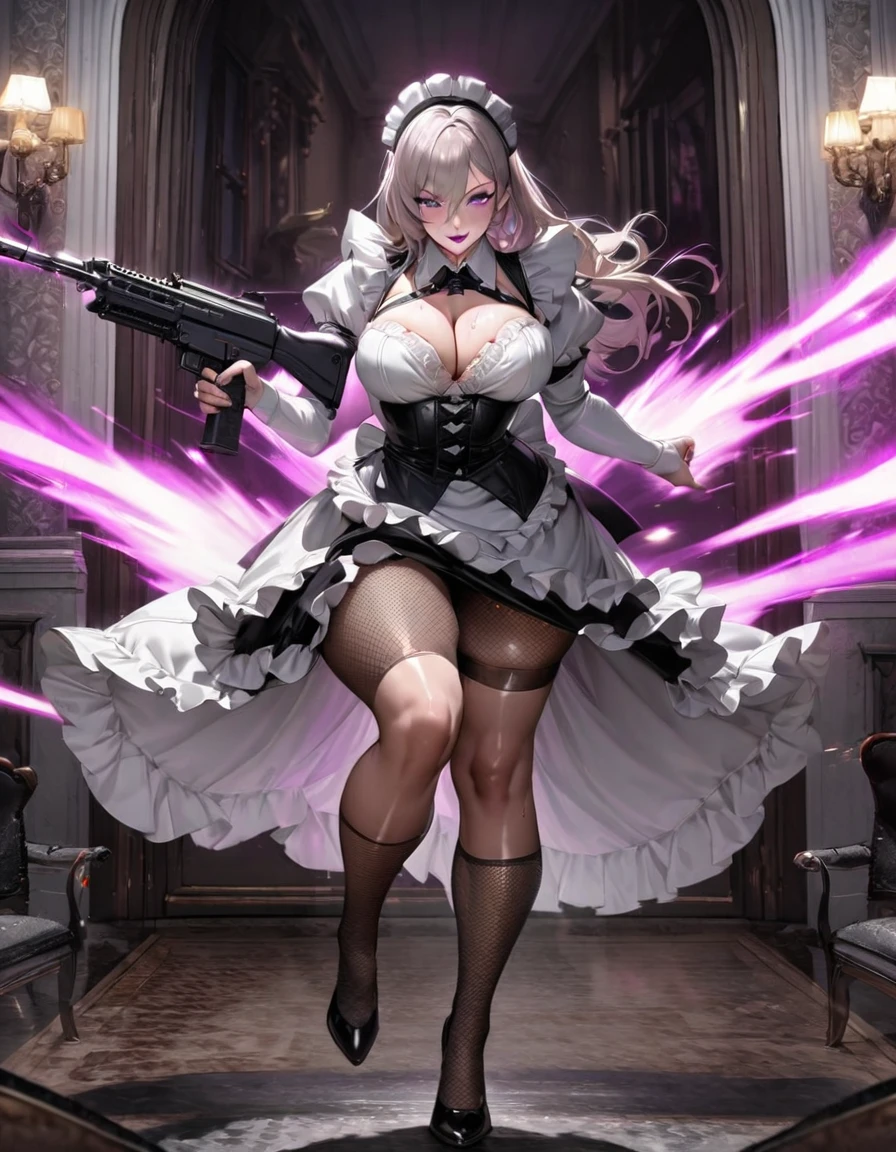 1 mature and seductive woman,(Highest quality,Extremely detailed depiction,Incredibly absurd high resolution,Anatomically accurate depiction,Two lovely hands, Five perfect fingers,Curvy Legs),(Glowing Skin,Shiny skin,Oilskin),((Maid armed with firearm)),(black and white maid outfit,Maid Skirt,corset,Fishnet tights,Automatic rifle),eyelash,(Purple Eyes,There is cleavage in the chest,Bewitching Smile,Glossy lipstick,),Sweat,(whole body),(background:Mansion),Gunfight,Firing a gun